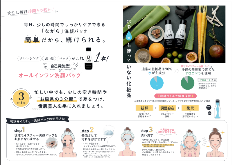 商品使用方法チラシ（琉球モイスチャー洗顔パック）